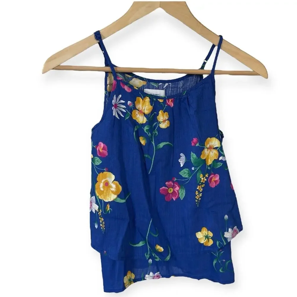 NWOT L 10-12 Old Navy Bright Blue Floral Ruffle Swing Spaghetti Strap Top Shirt